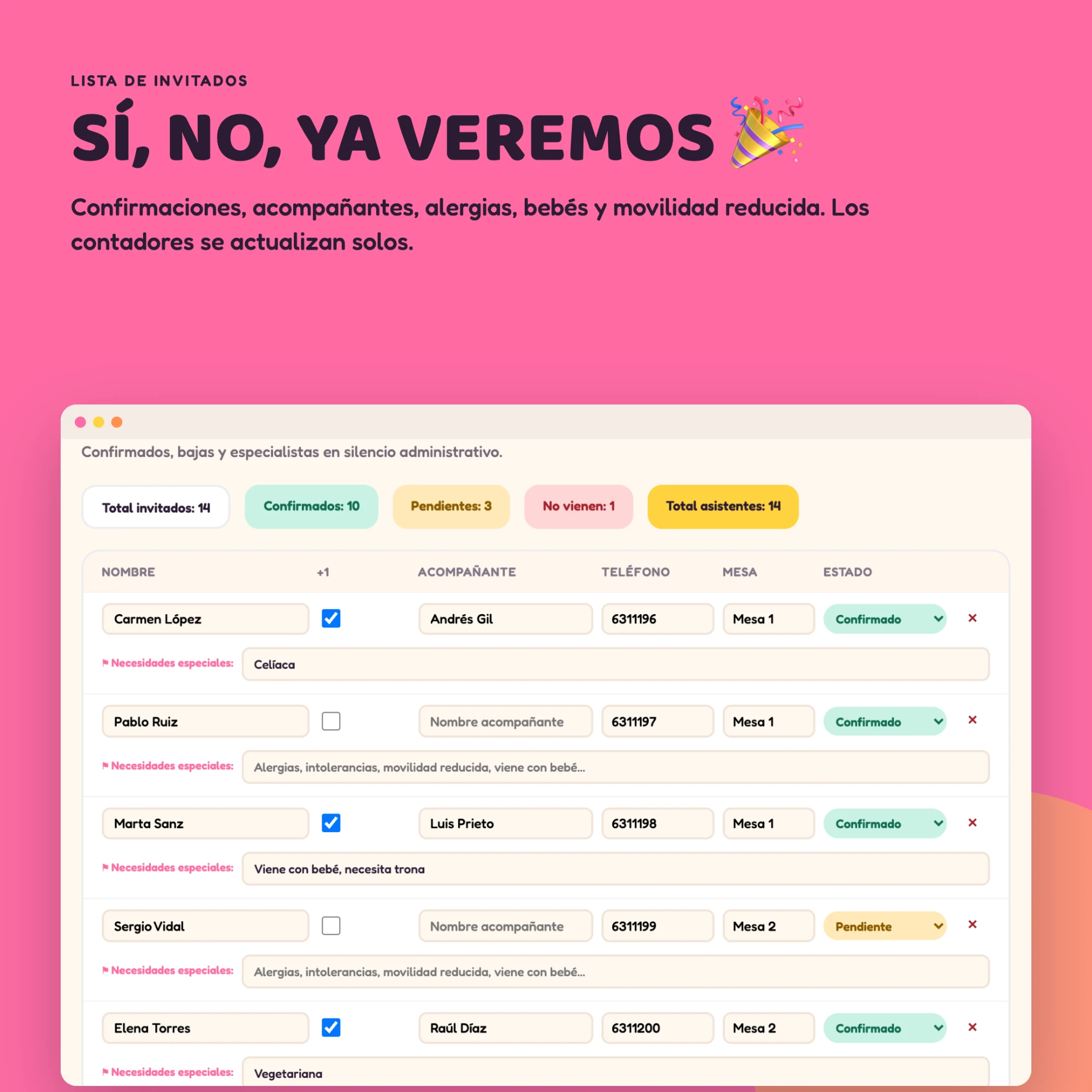 Plantilla de lista de invitados con confirmados, pendientes y necesidades especiales