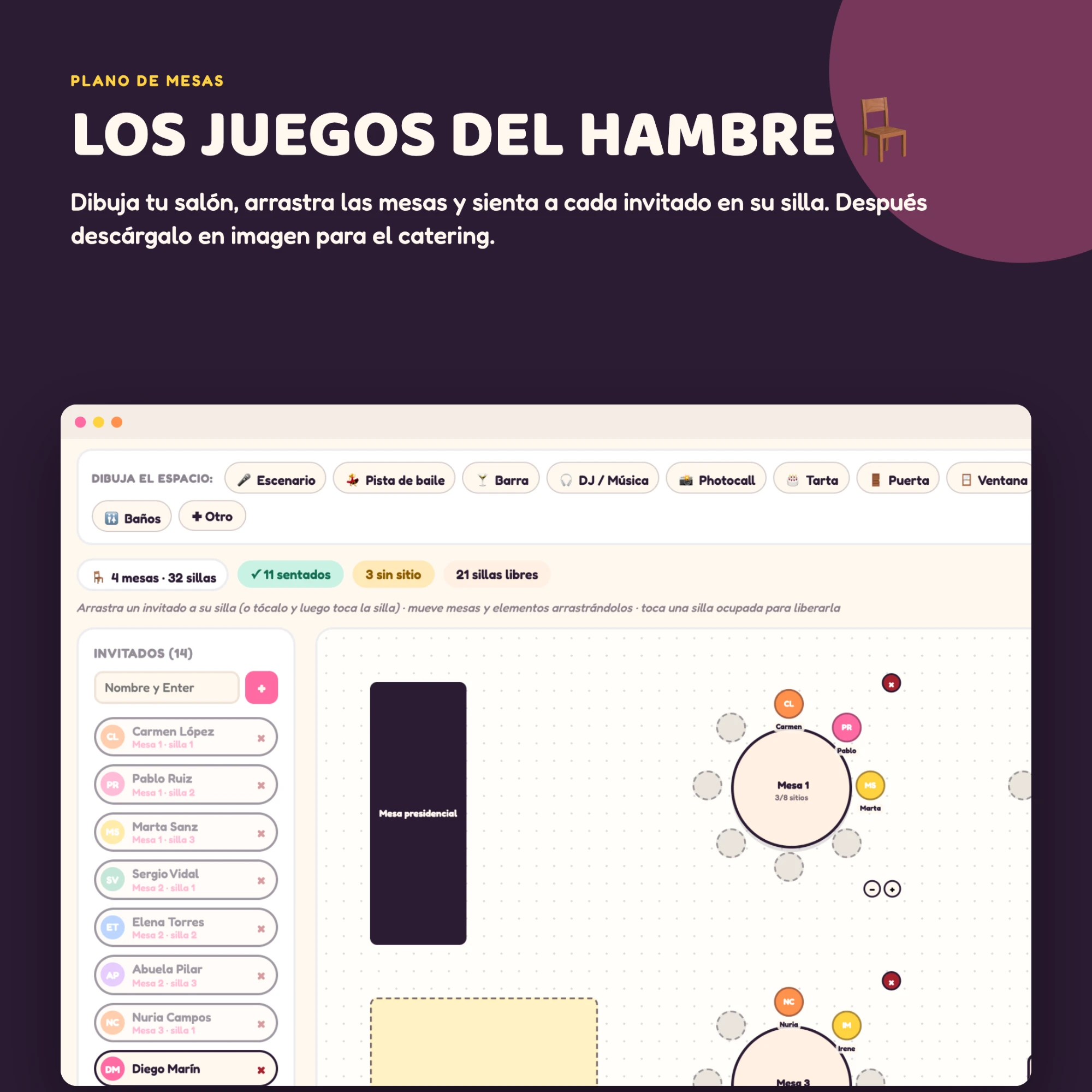 Plantilla de plano de mesas con invitados sentados en cada silla