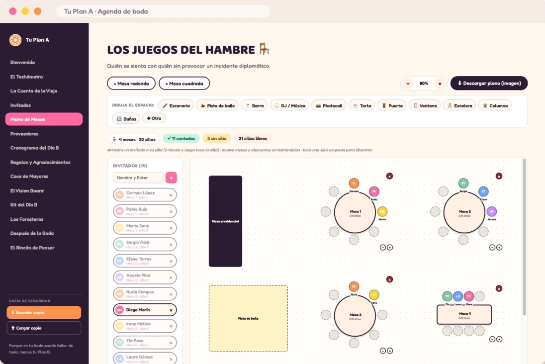Tu Plan A abierto en el navegador, en la sección del plano de mesas